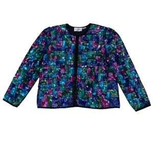 VTG Laurence Kazar Sequin Evening Jacket Womens Large Silk Party Peacock
